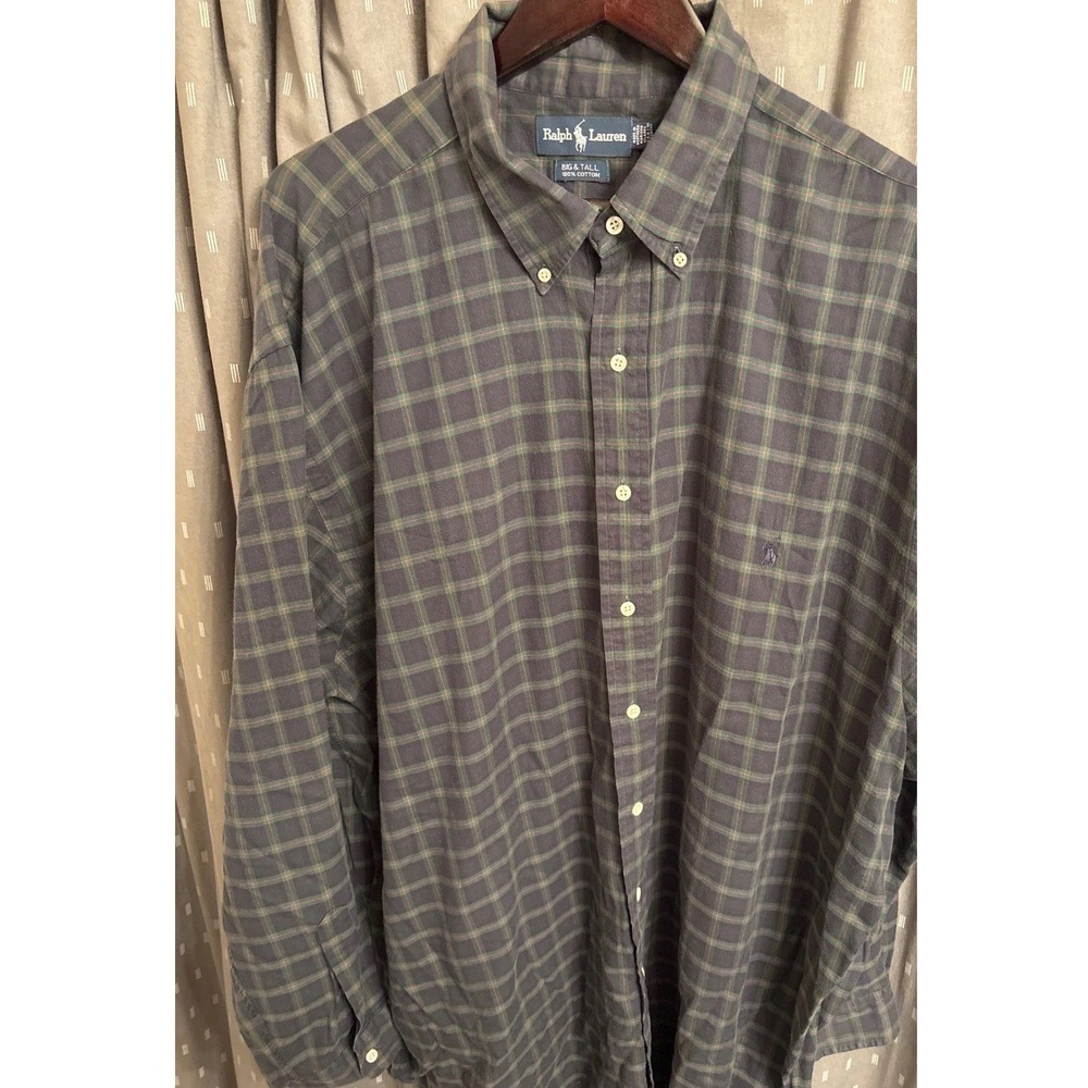 Ralph Lauren Big & Tall Mens 2XLT Plaid Cotton Button Down Shirt Green Navy Red